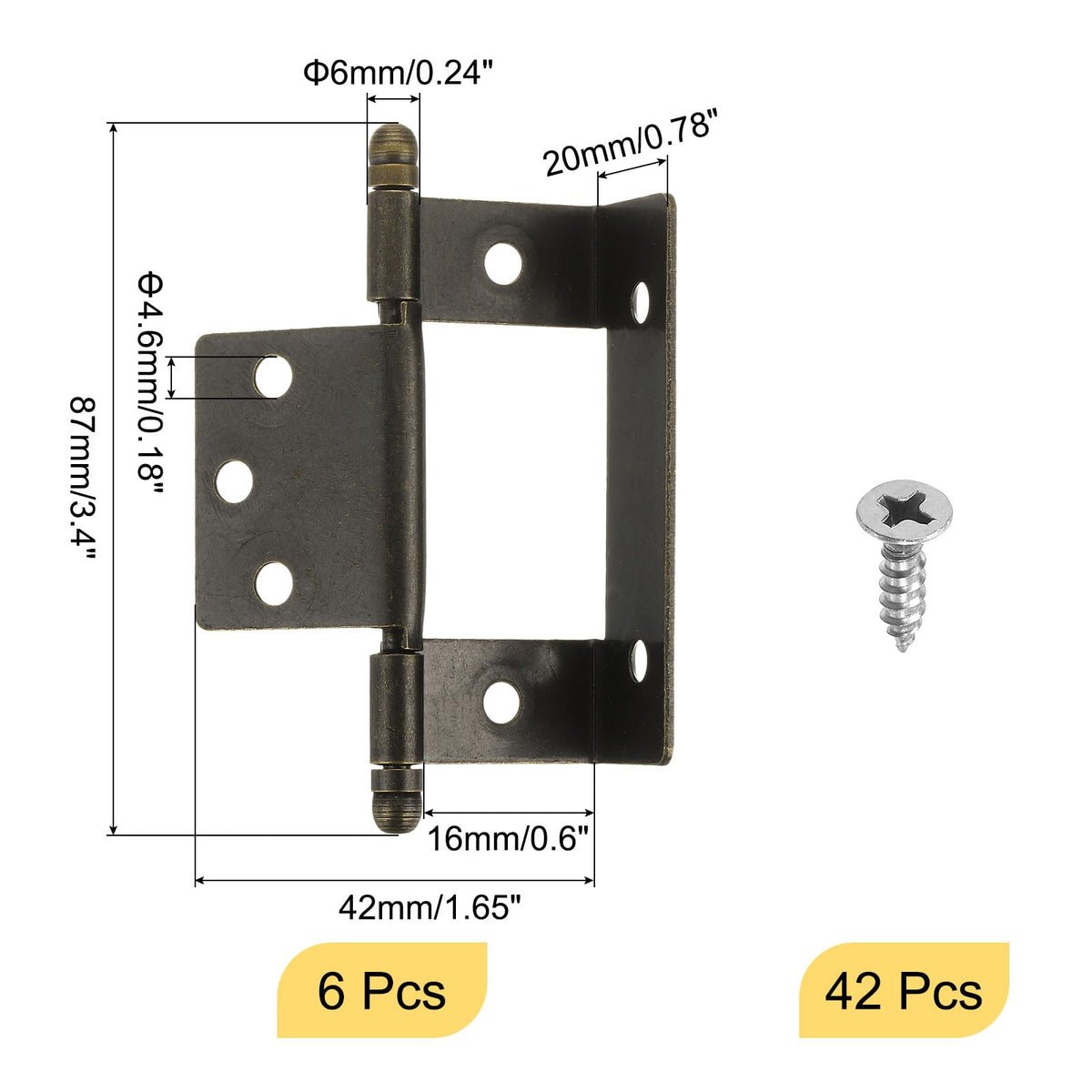 6-Piece Cabinet Door Hinges Full Recess Half-Wrap Vintage Bronze 87x16x1.5mm - Bronze