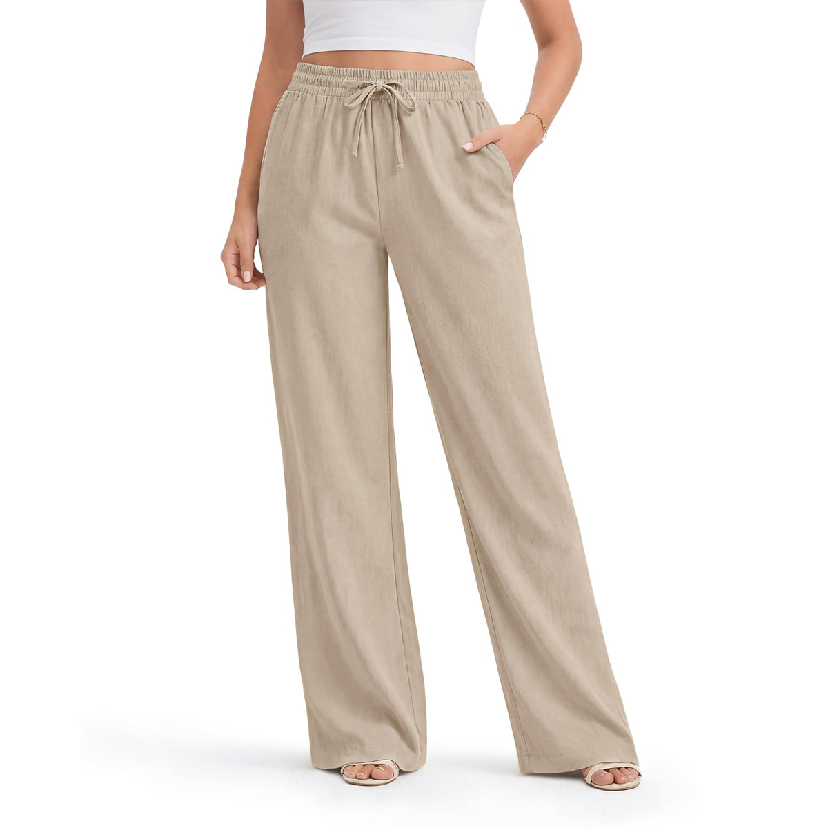 Women's Linen Wide Leg Trousers Lightweight with Pockets