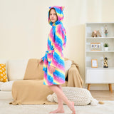 Girls' Plush Hooded Bathrobe with Cat Ears Soft Dressing Gown – Rainbow 5-6 Years