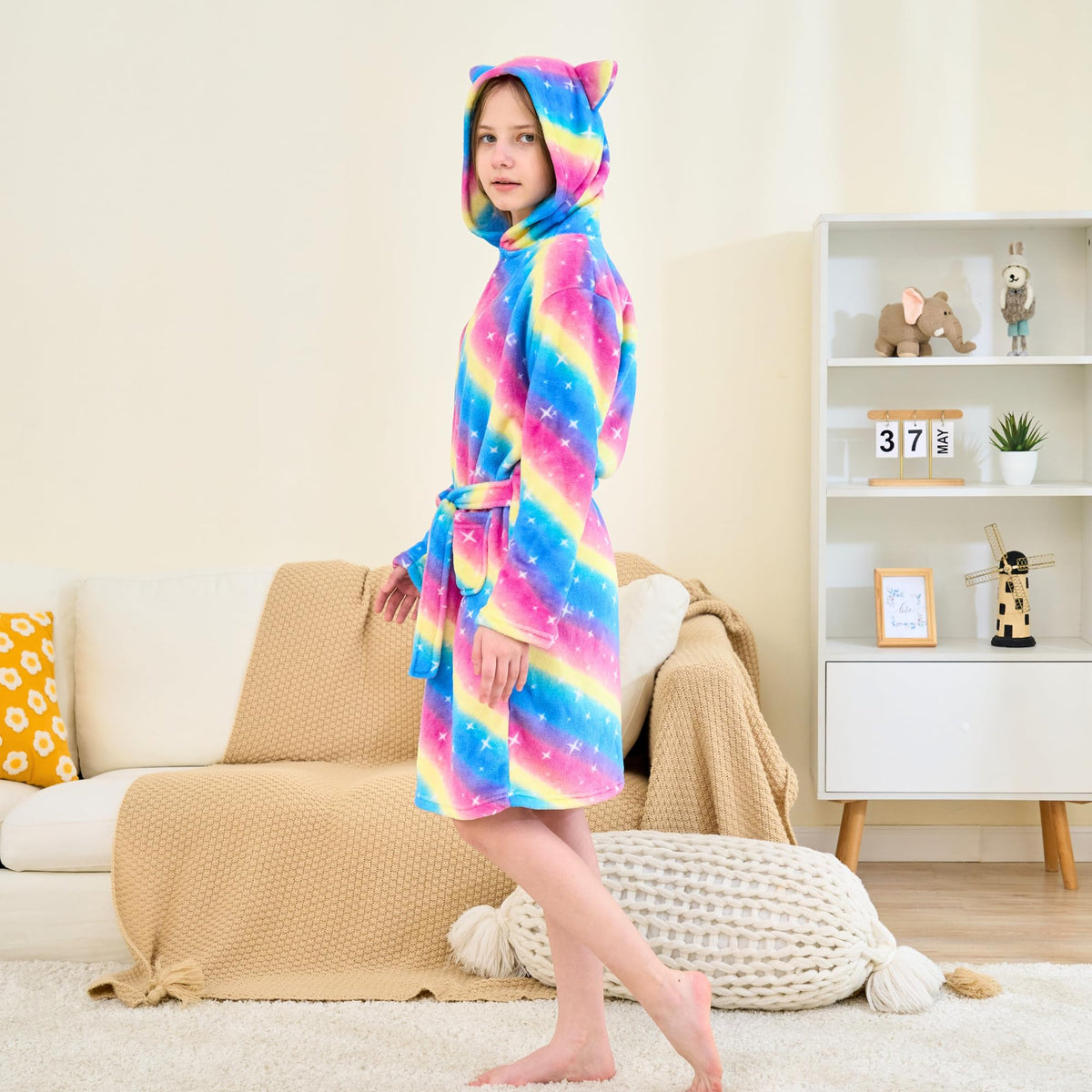 Girls' Plush Hooded Bathrobe with Cat Ears Soft Dressing Gown – Rainbow 5-6 Years