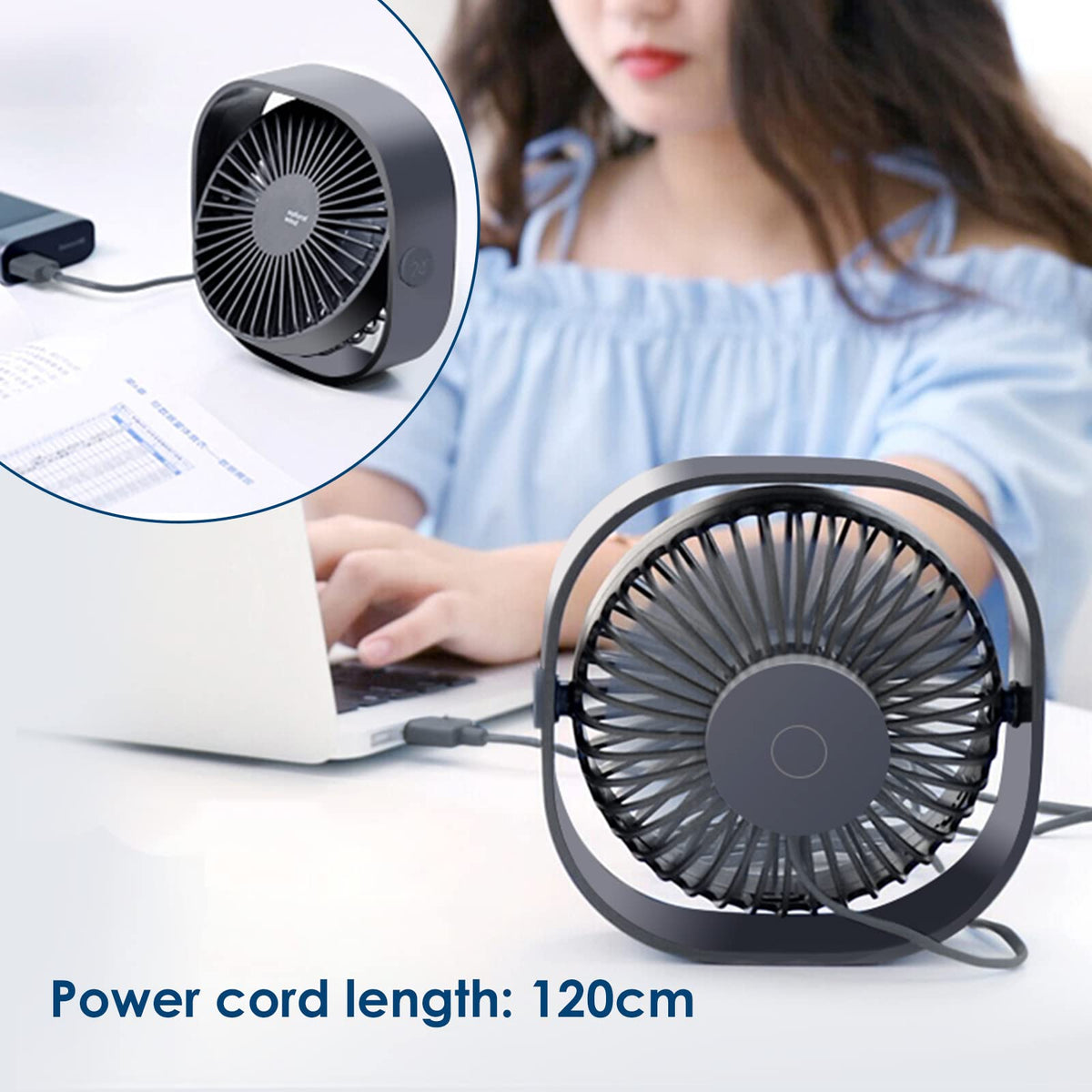 Mini ventilator silențios USB de birou Simpeak rotire 360° 3 trepte – Albastru
