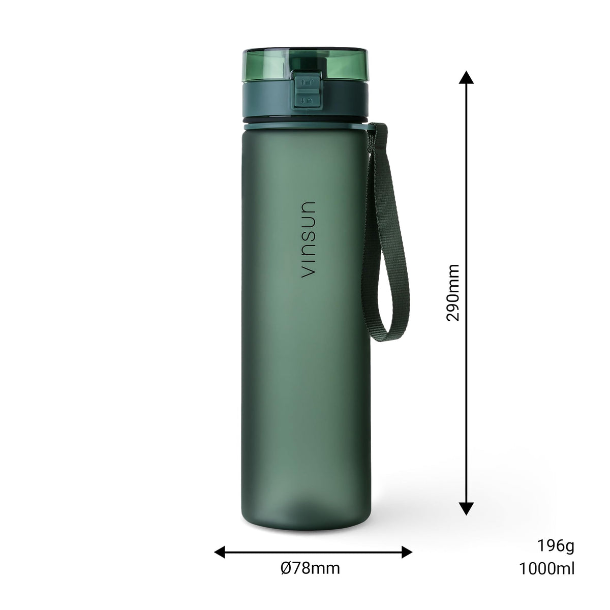 VINSUN drinking bottle 1L dark green - leak-proof, suitable for carbonated drinks, BPA free, Tritan, one-handed operation - lightweight water bottle for sports, school, university, bicycle