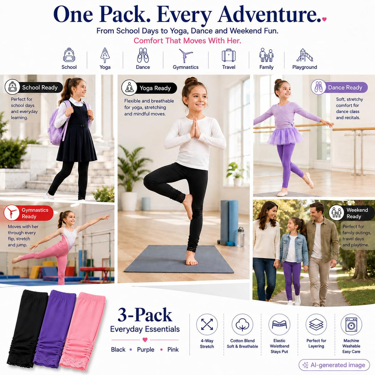 Girls' Knitted Stretch Leggings Cotton School Yoga Tights – Black Purple Light Pink 146