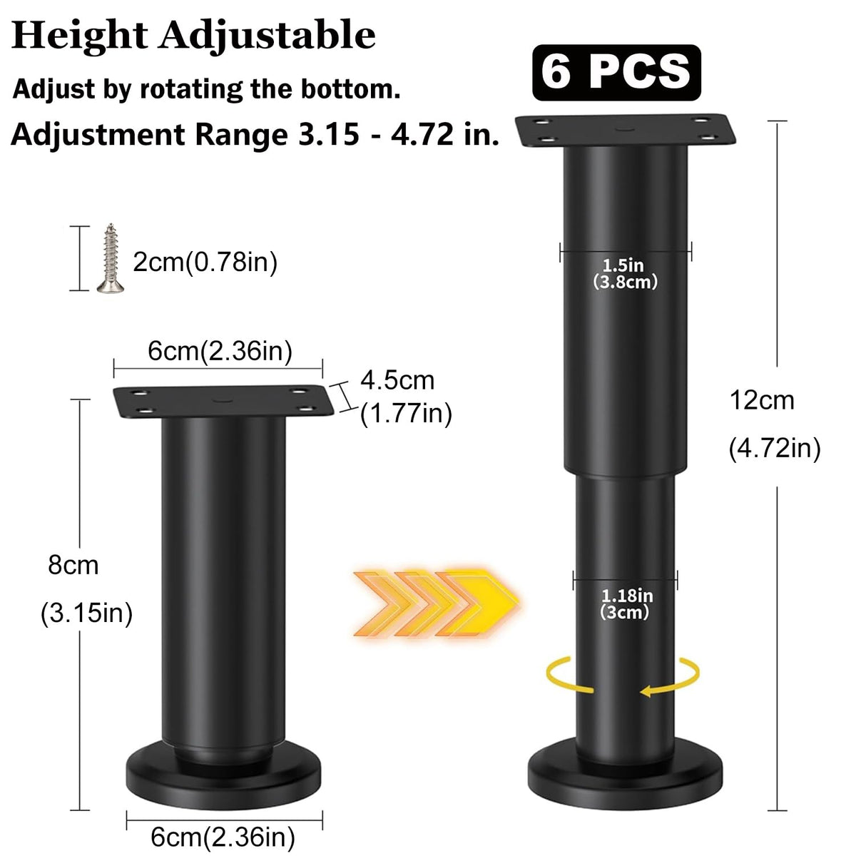 Picioare metalice reglabile pentru mobilier înălțime 8–12 cm antiderapante, set 6 bucăți – Negru