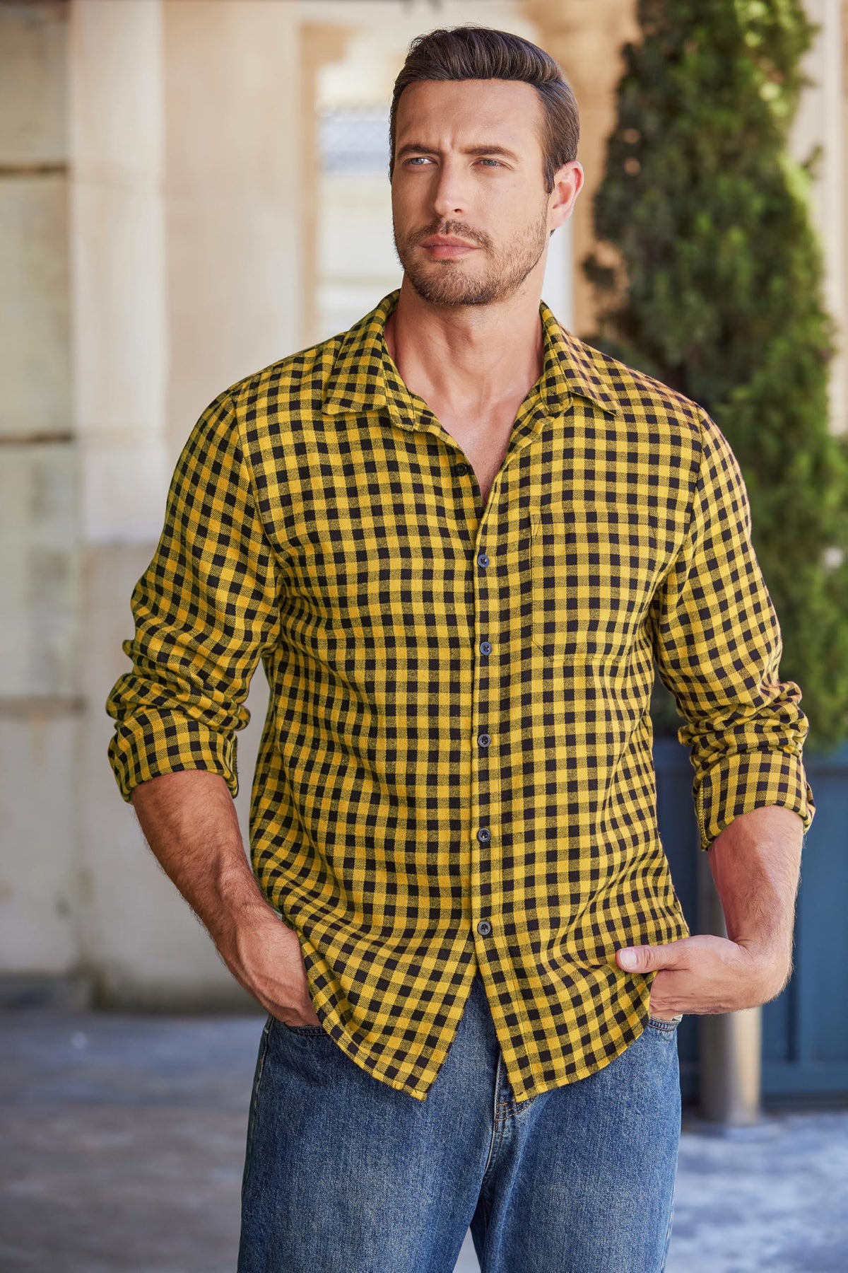 Men’s Long Sleeve Flannel Checked Shirt Cotton Lumberjack Casual – Black/Yellow M