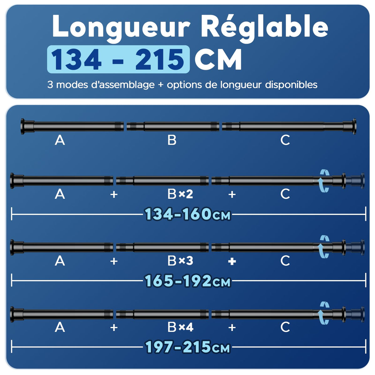Extendable Curtain Rod No-Drill 71–215cm Stainless Steel – Black