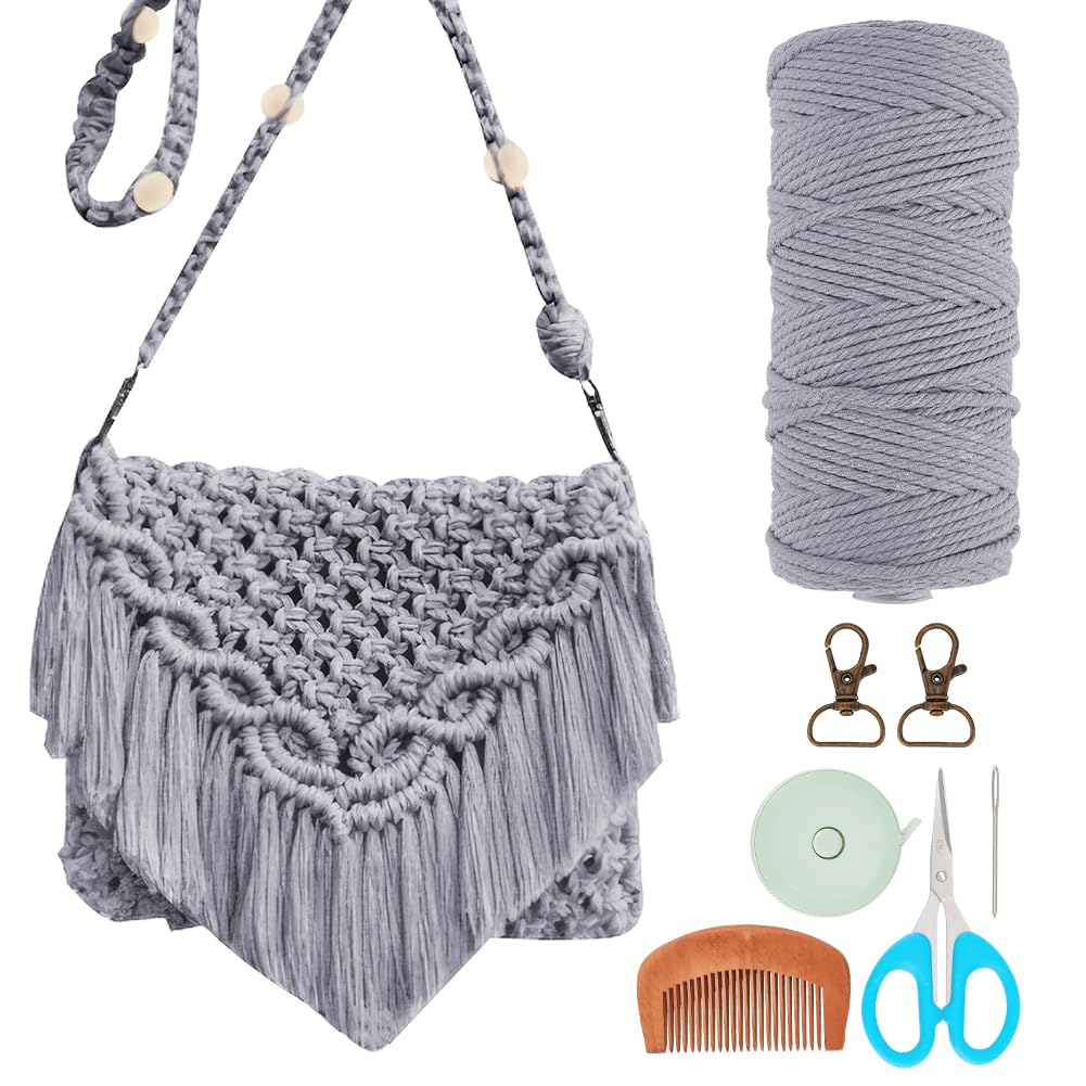 Kit complet DIY pentru confecționare geantă din macrame cu instrucțiuni – Gri-Albăstrui