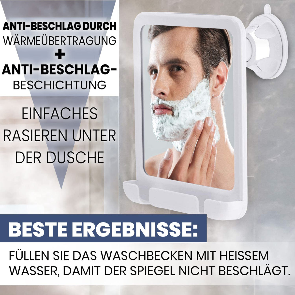 Oglindă de duș anti-aburire cu ventuză și suport de aparat de ras Mirrorvana 20x18 cm – Alb
