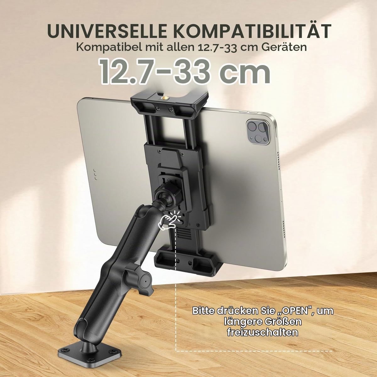 Aluminium Tablet Mount Heavy-Duty Drill Base 15cm Adjustable Arm Compatible 5–13in