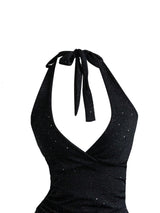 Top scurt strălucitor cu sclipici damă tip halter fără spate – Negru L