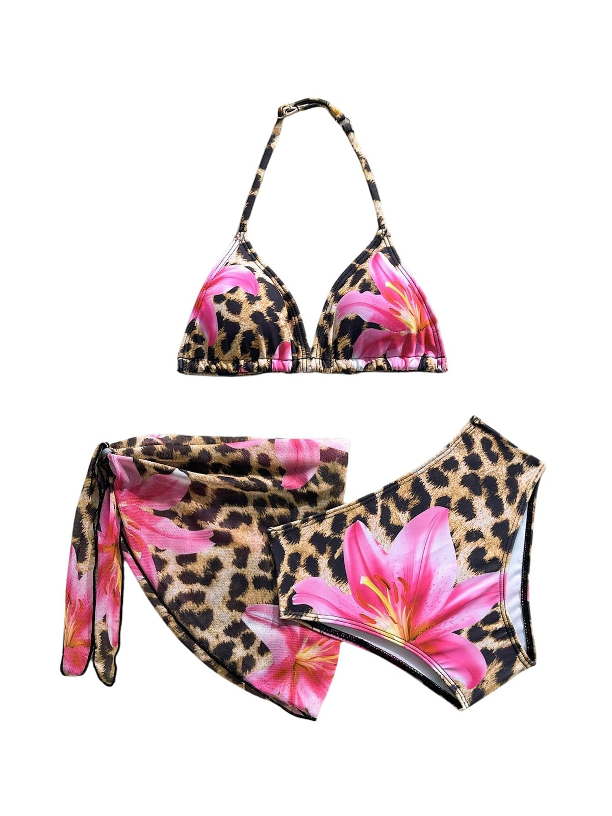 SweatyRocks Girls' 3-Piece Bikini Set with Cover-Up Skirt – Leopard 9 Years