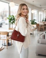 Women's Small PU Leather Shoulder Crossbody Bag Classic Elegant with 2 Straps - Burgundy