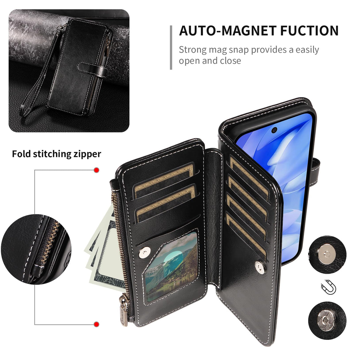 Husă tip portofel din piele cu suport carduri și folie pentru Google Pixel 9a – Negru