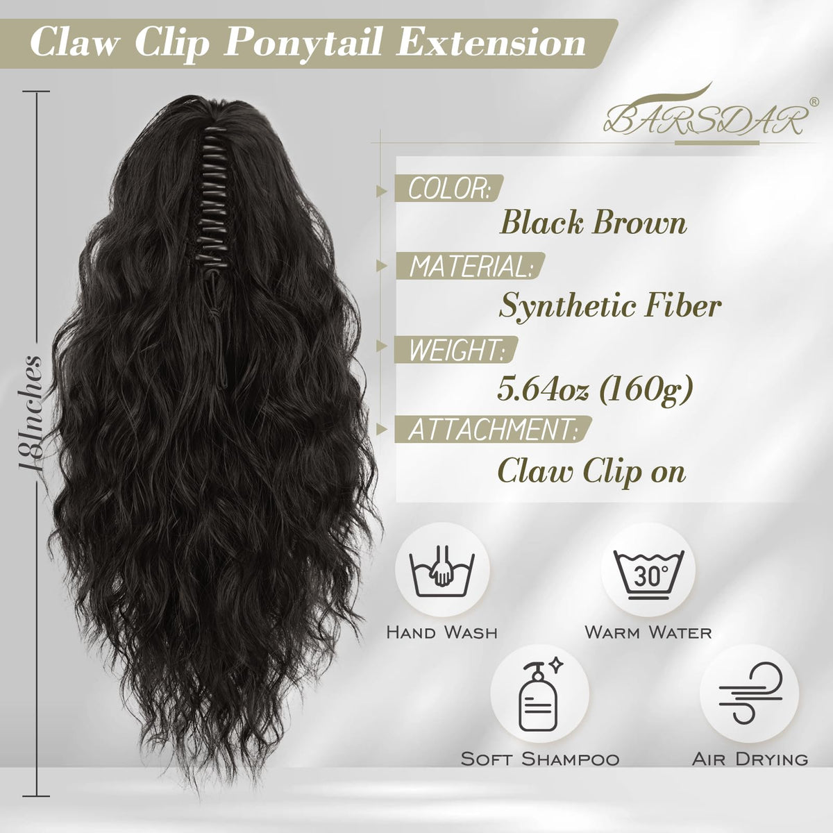 Claw Clip Ponytail Extension 45cm Curly Wavy Synthetic Hairpiece – Black Brown