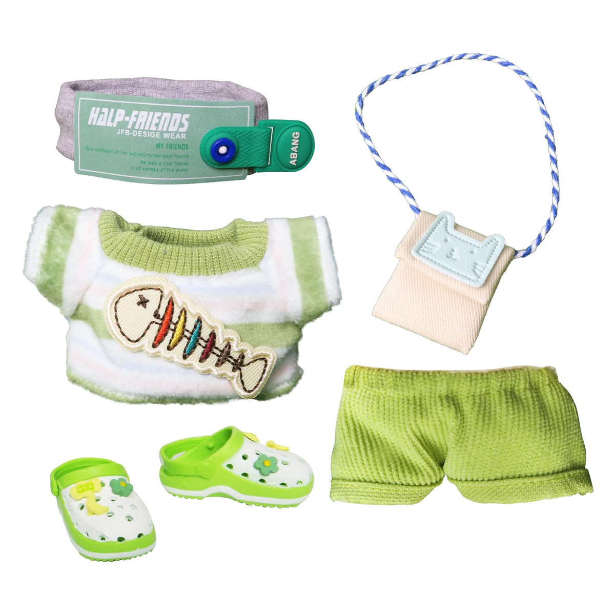 Set hăinuțe lucrate manual din 5 piese model herringbone pentru păpuși 15-17 cm – Verde