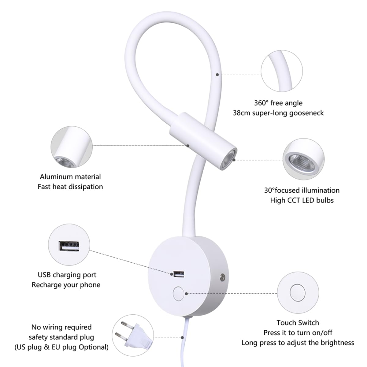 Lampă de citit de perete Brightmax LED 3W cu port USB și întrerupător tactil 3000K – Alb Mat