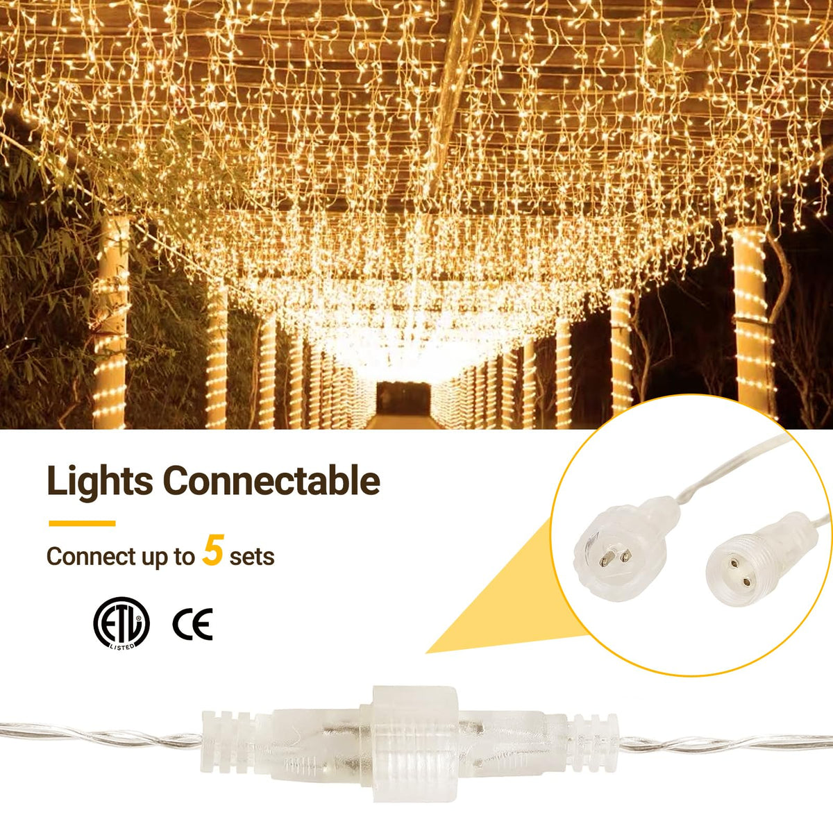 GlobaLink 400 LED fairy lights icicle, 10M light curtain outside extendable rain light chain icicle IP44 fairy lights outside and inside decoration for roof balcony Christmas party wedding - warm white