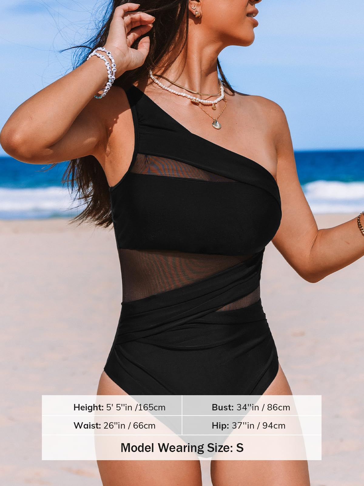 Costum de baie întreg modelator CUPSHE decolteu asimetric și drapaj abdomen – Negru M