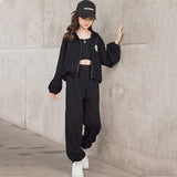 Girls' 3-Piece Jogging Suit Jacket, Pants & Crop Top – Black 116