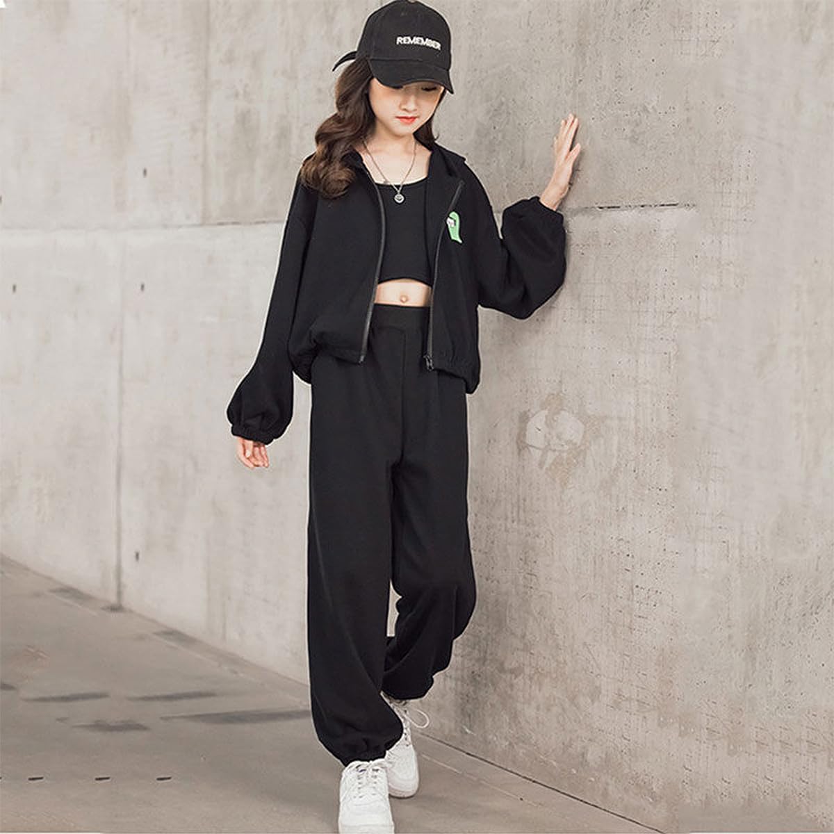 Girls' 3-Piece Jogging Suit Jacket, Pants & Crop Top – Black 116