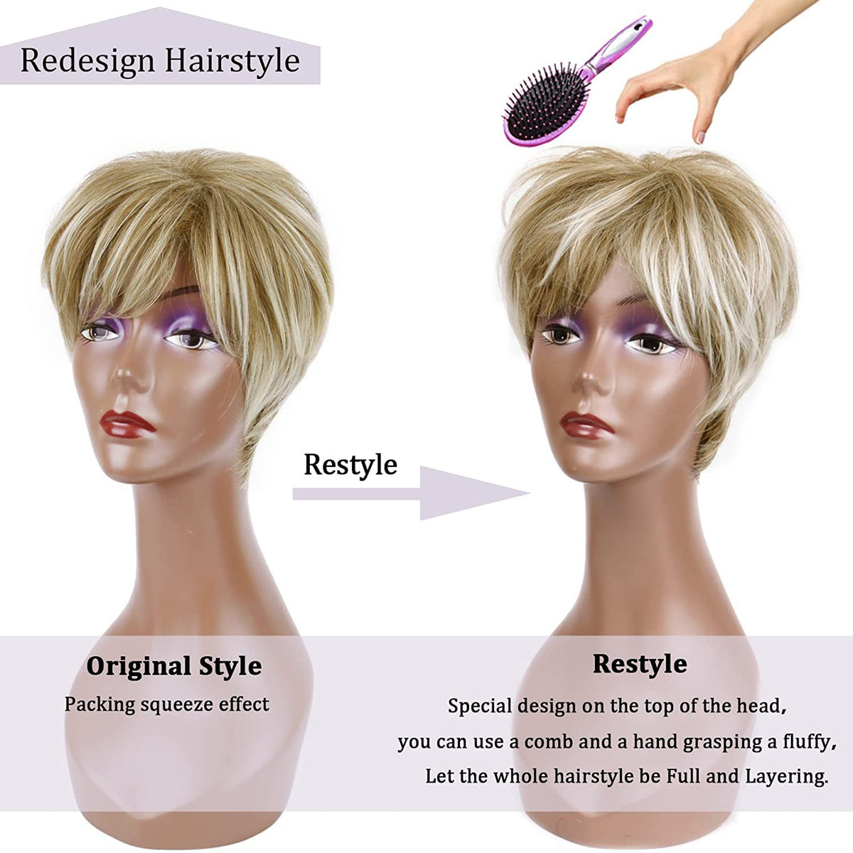 Perucă scurtă naturală pentru femei cu breton Creamily – Blond Mixt cu Șaten