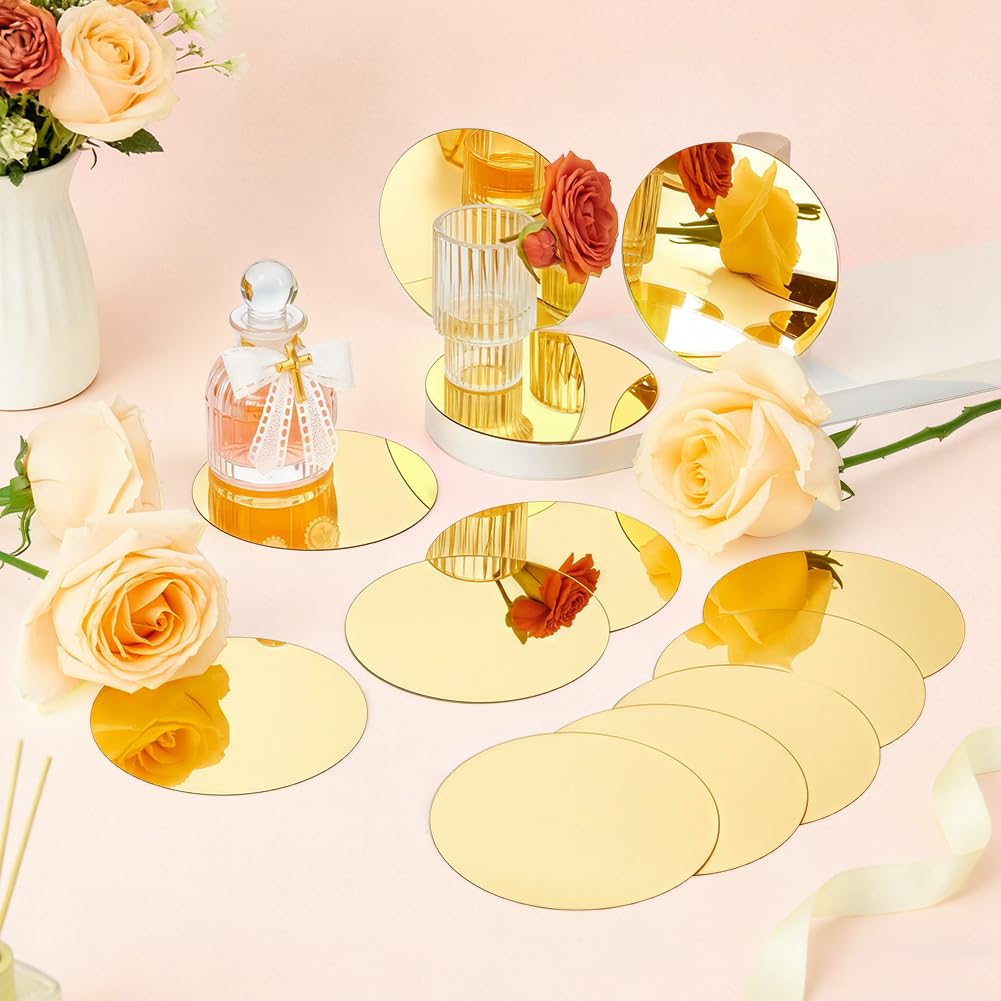 Oglinzi rotunde acrilice 10 cm suport lumânări pentru decorațiuni mese, set 24 bucăți – Auriu