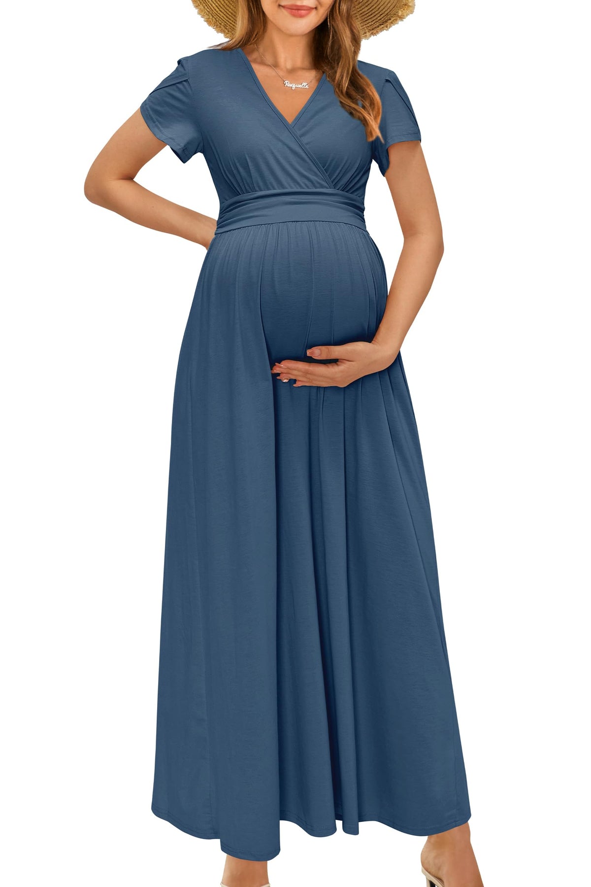 Rochie maxi lungă de vară pentru gravide și alăptare cu decolteu în V – S