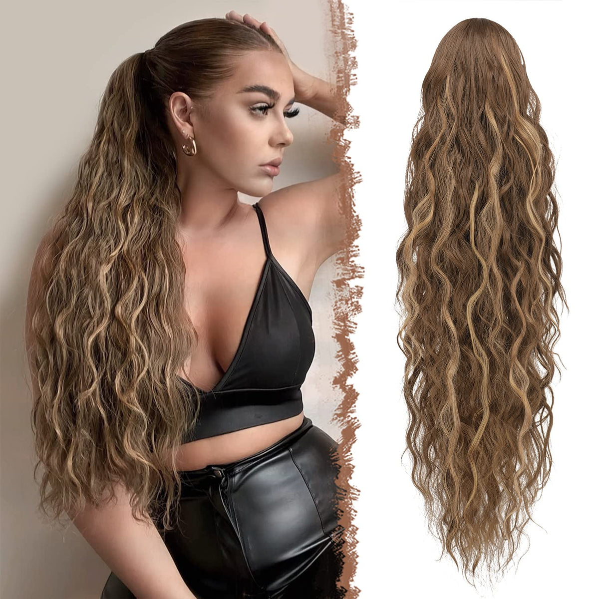 Coada de cal lungă împletită ondulată extensie păr sintetic 65 cm – Blond Miere cu Șaten deschis