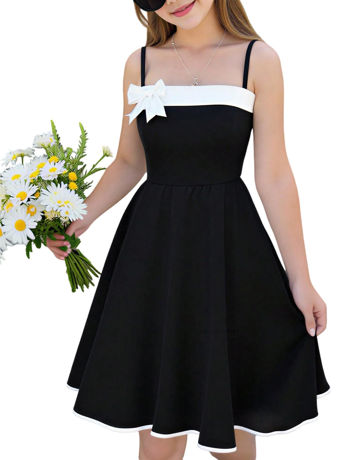 SweatyRocks Girls' Party Dress Bow Pleated Sleeveless Knee-Length – Black Age 12