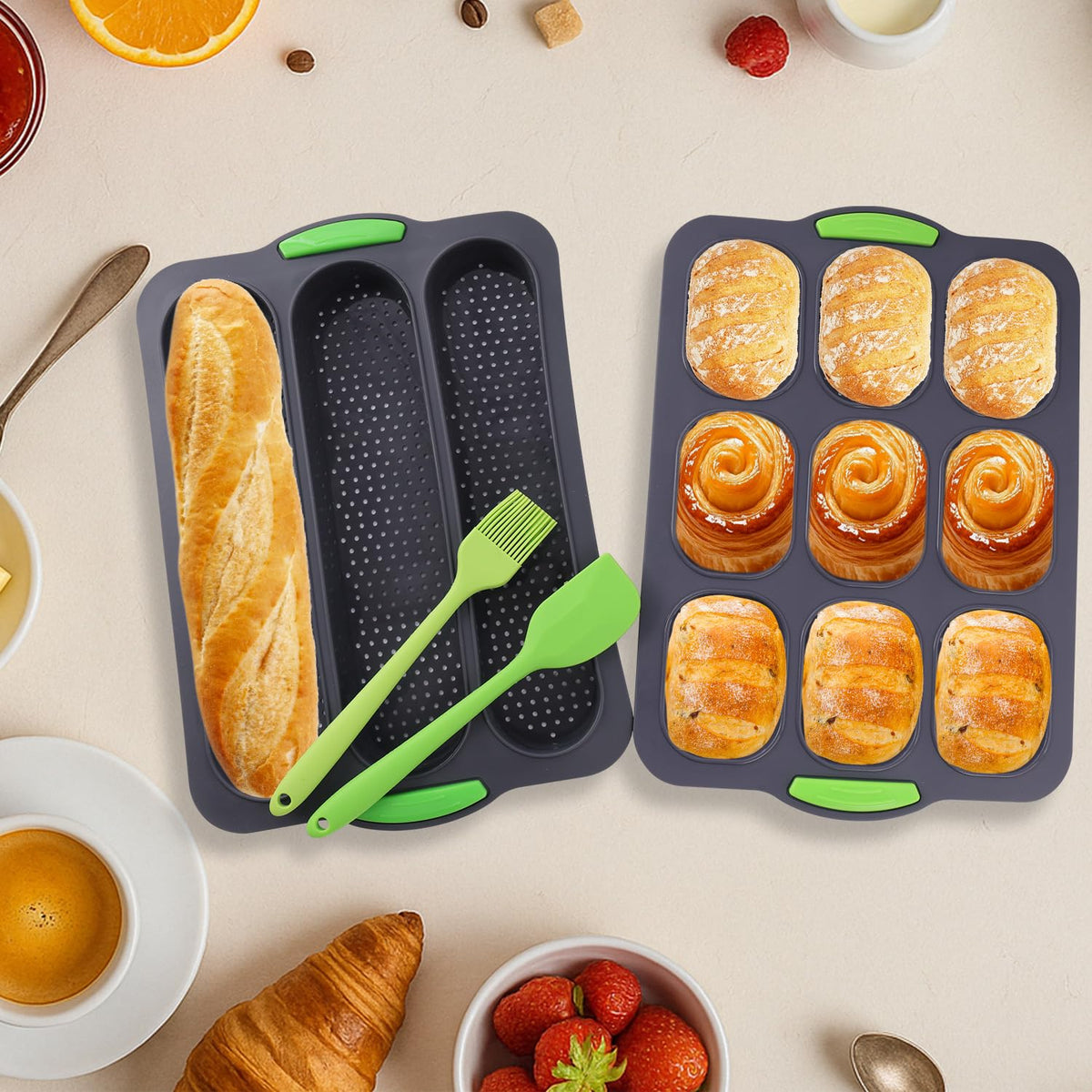 Silicone Baguette Baking Pan Non-Stick 3 & 9 Slots with Spatula and Oil Brush – 2 pcs