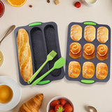 Silicone Baguette Baking Pan Non-Stick 3 & 9 Slots with Spatula and Oil Brush – 2 pcs