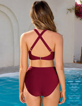 heekpek Women's Two-Piece Swimsuit High Waist Bikini Set Swimwear for Curvy Women Push Up Padded V-Neck Cross Front Swimsuit, Burgundy, XL