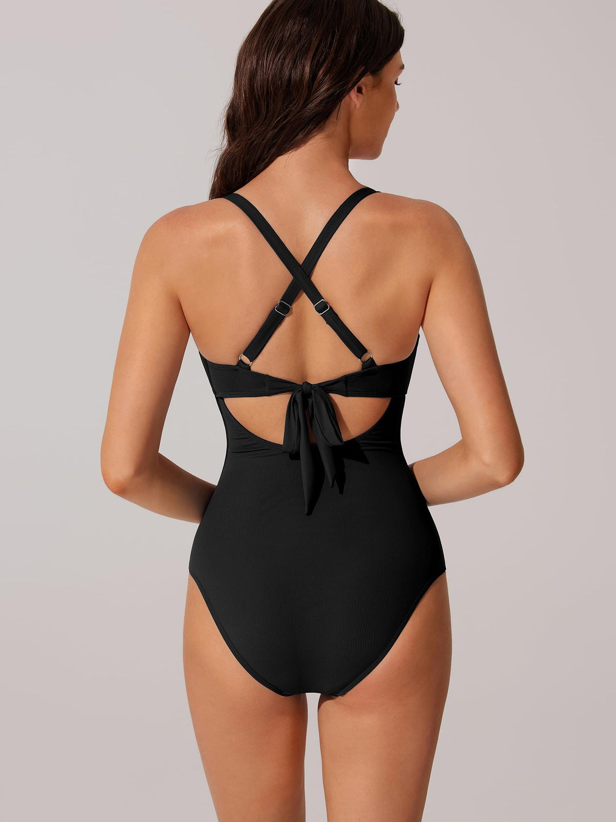 Wrap-Style V-Neck Tummy Control One-Piece Swimsuit with O-Ring Cutouts – Black XL