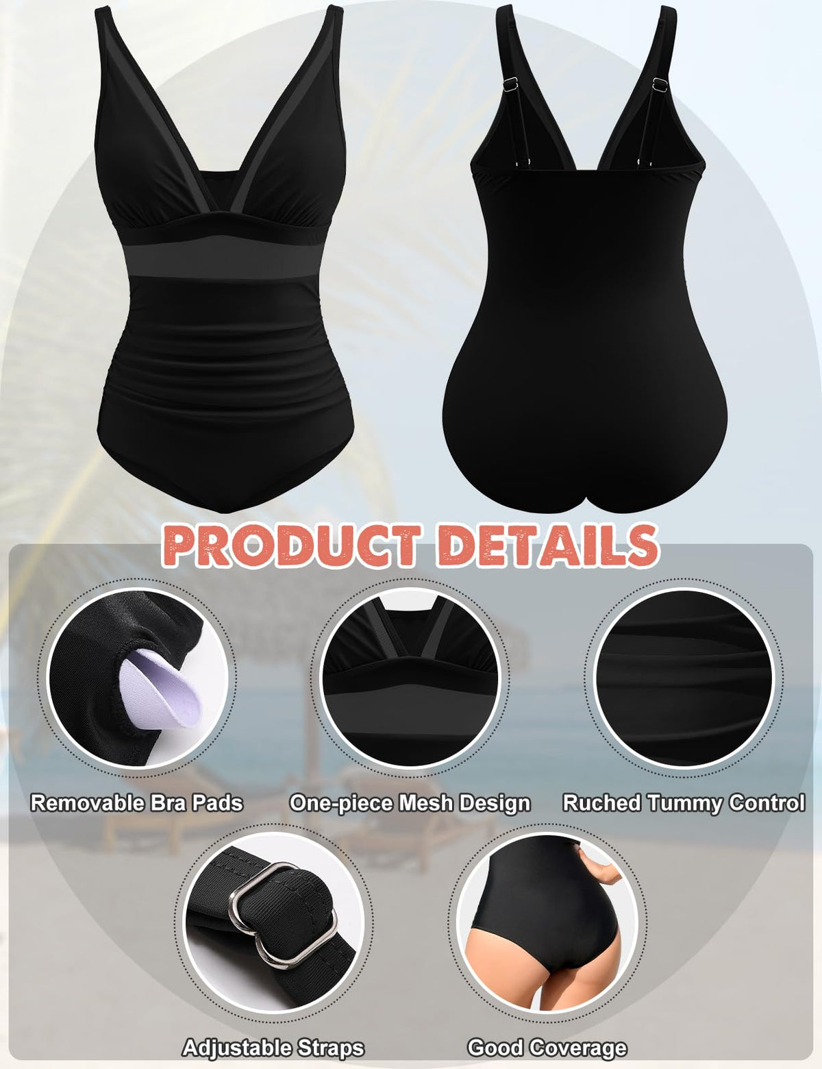 Costum de baie întreg modelator push-up CMTOP cu inserții transparente din plasă – Negru XL