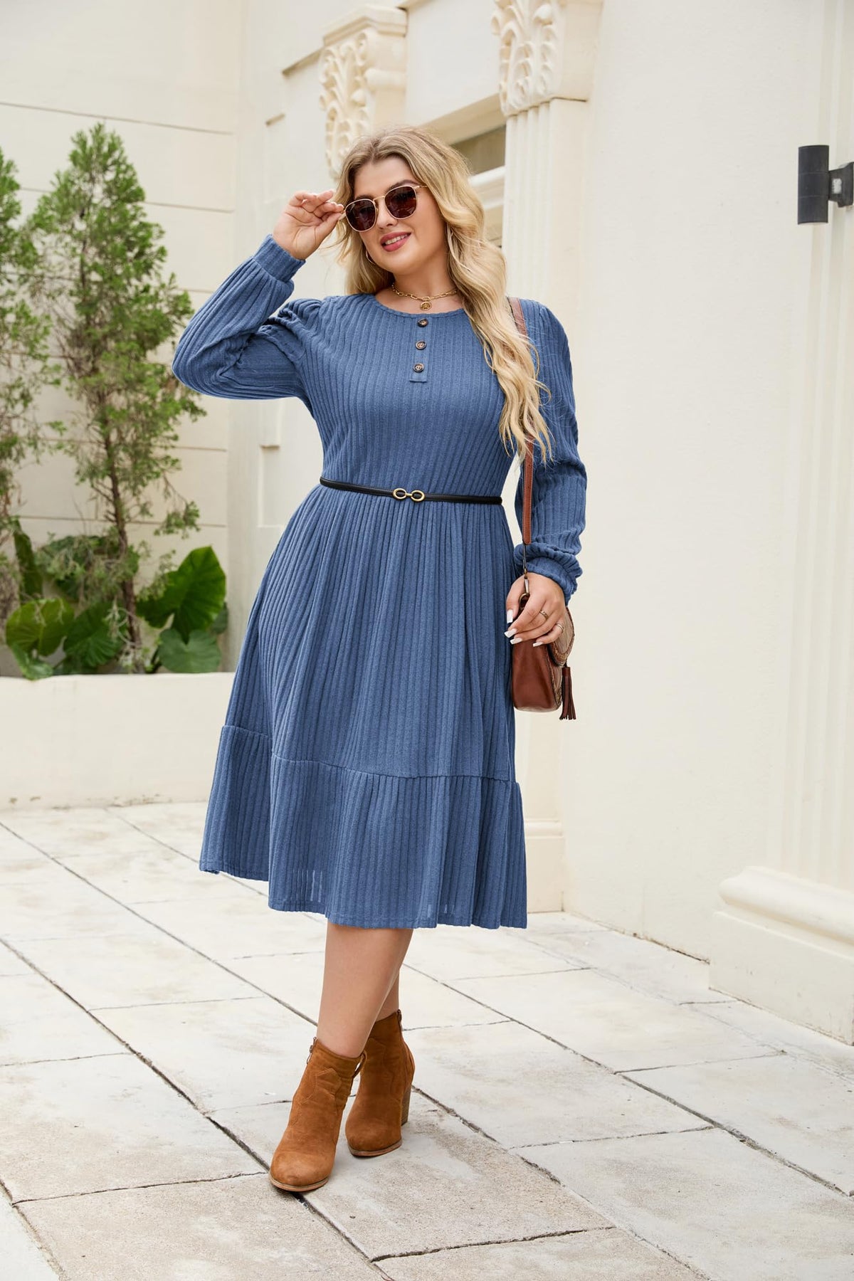 Women's Plus-Size Knit Sweater Dress A-Line Casual – Grey-Blue