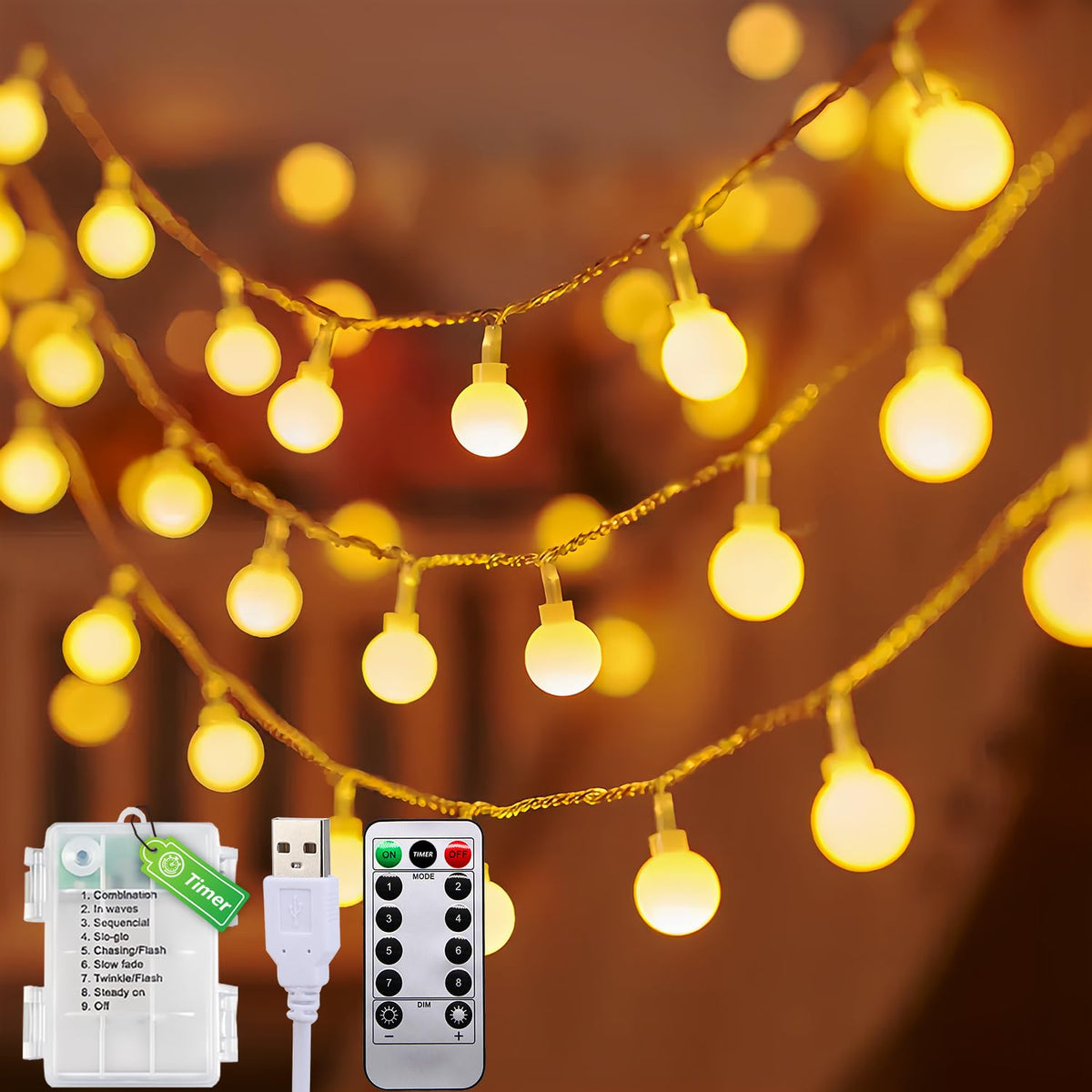 100 LED Warm White Ball Fairy Lights with Remote & Timer – 12m/39ft Indoor Outdoor