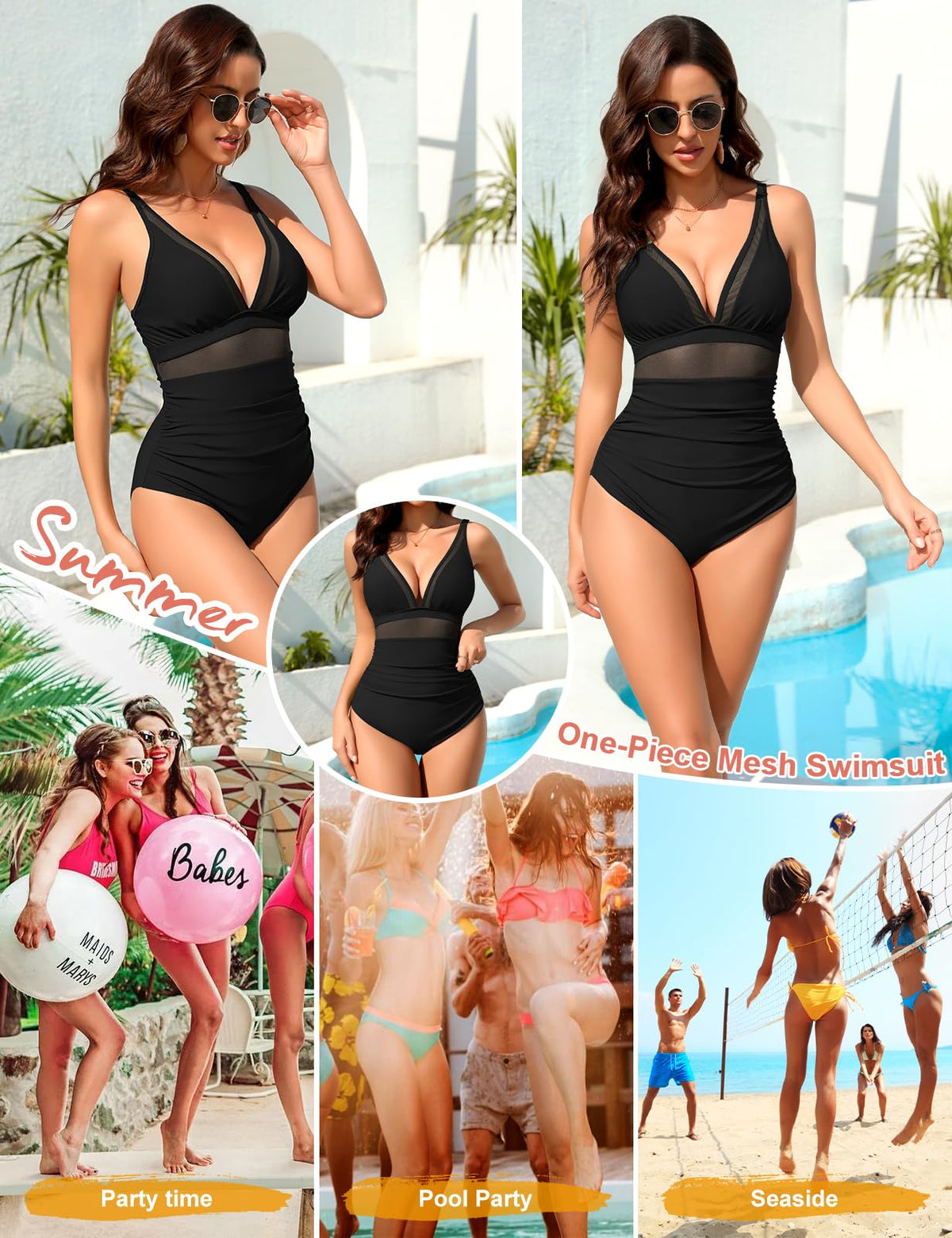 Costum de baie întreg modelator push-up CMTOP cu inserții transparente din plasă – Negru XL