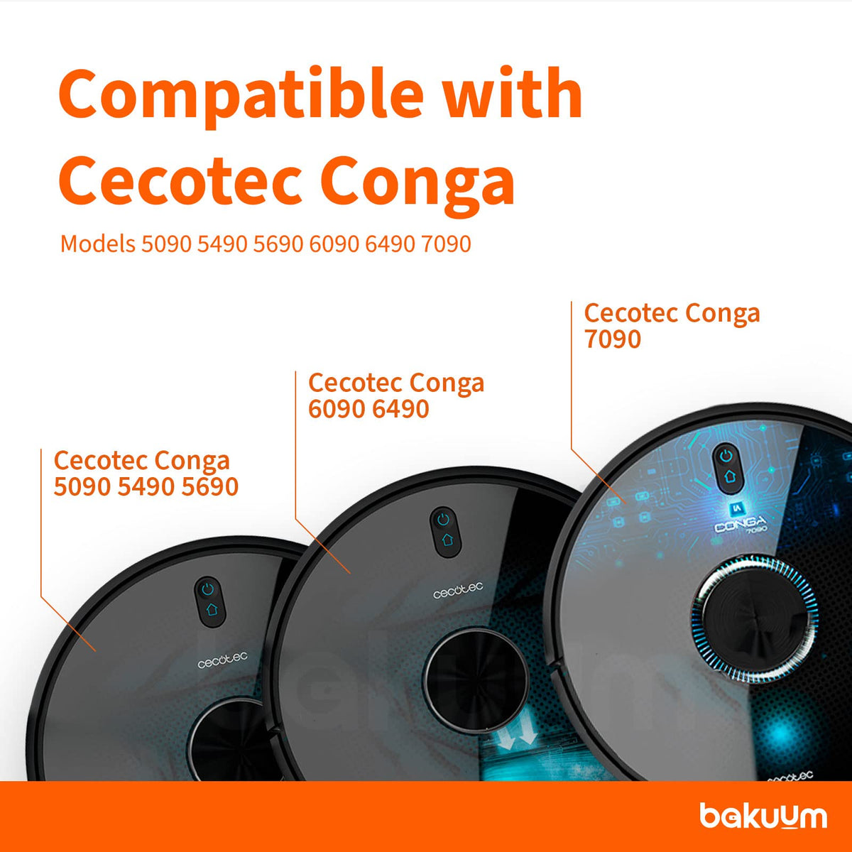 BAKUUM 1 x Cover for central brush + 2 side brushes for Cecotec Conga 5090 5490 6090 7090 IA