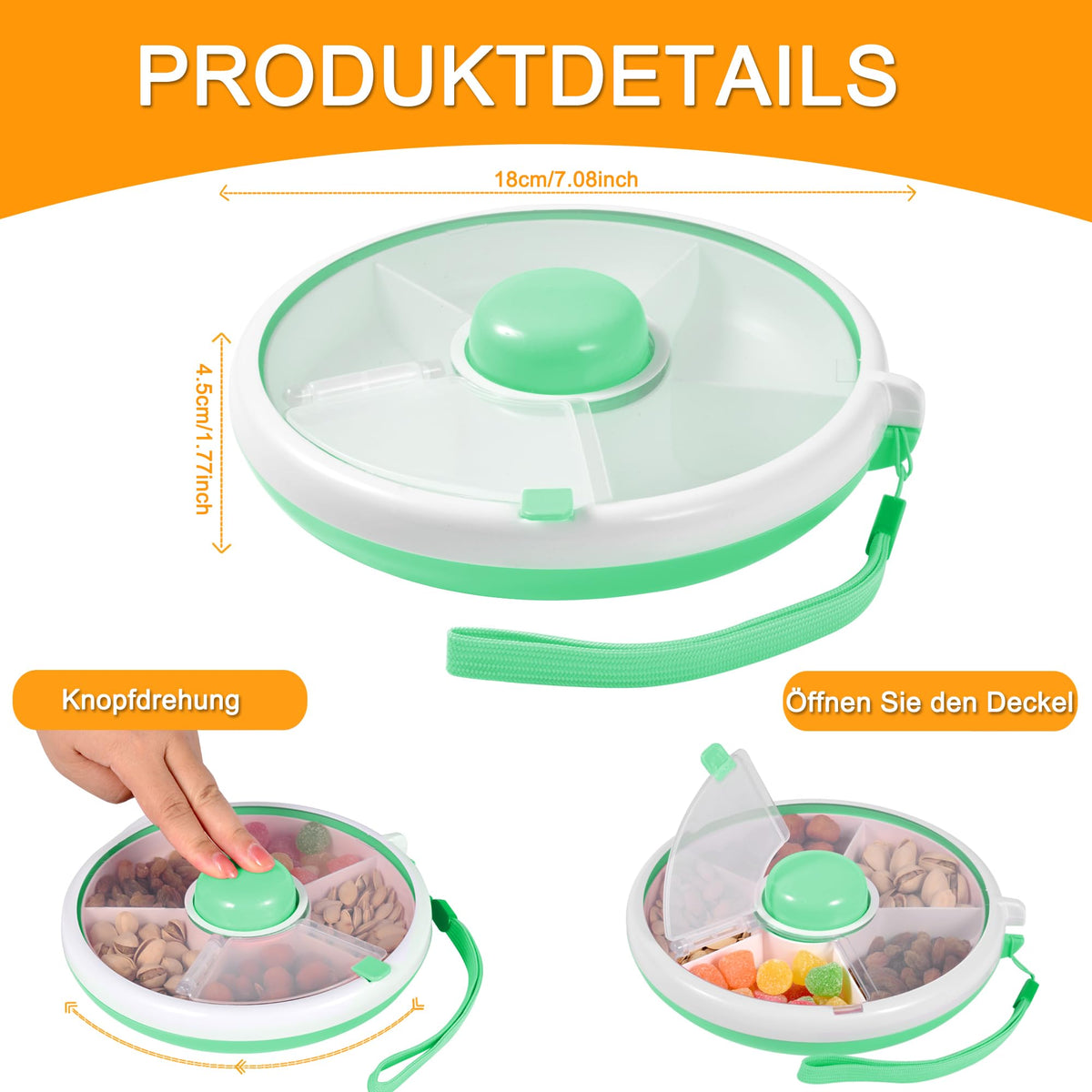 Vefacion Snack Spinner Kids Snack Box with Compartments Round Reusable Snack Organizer Snacks Melon Candy Seeds Fruit Organizer