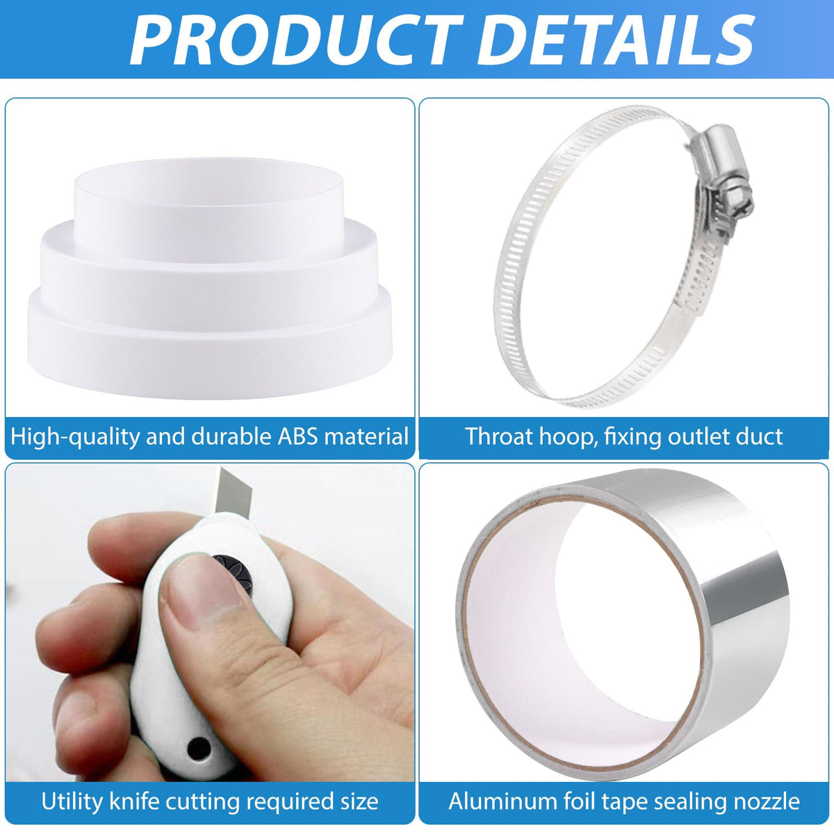 Universal reducing connector Ø80-150mm reducing piece Ø 80-100mm 100-120mm 120-140-150mm with stainless steel hose clamps aluminum foil tape ABS reducing piece for ventilation system ventilation round pipe ventilation