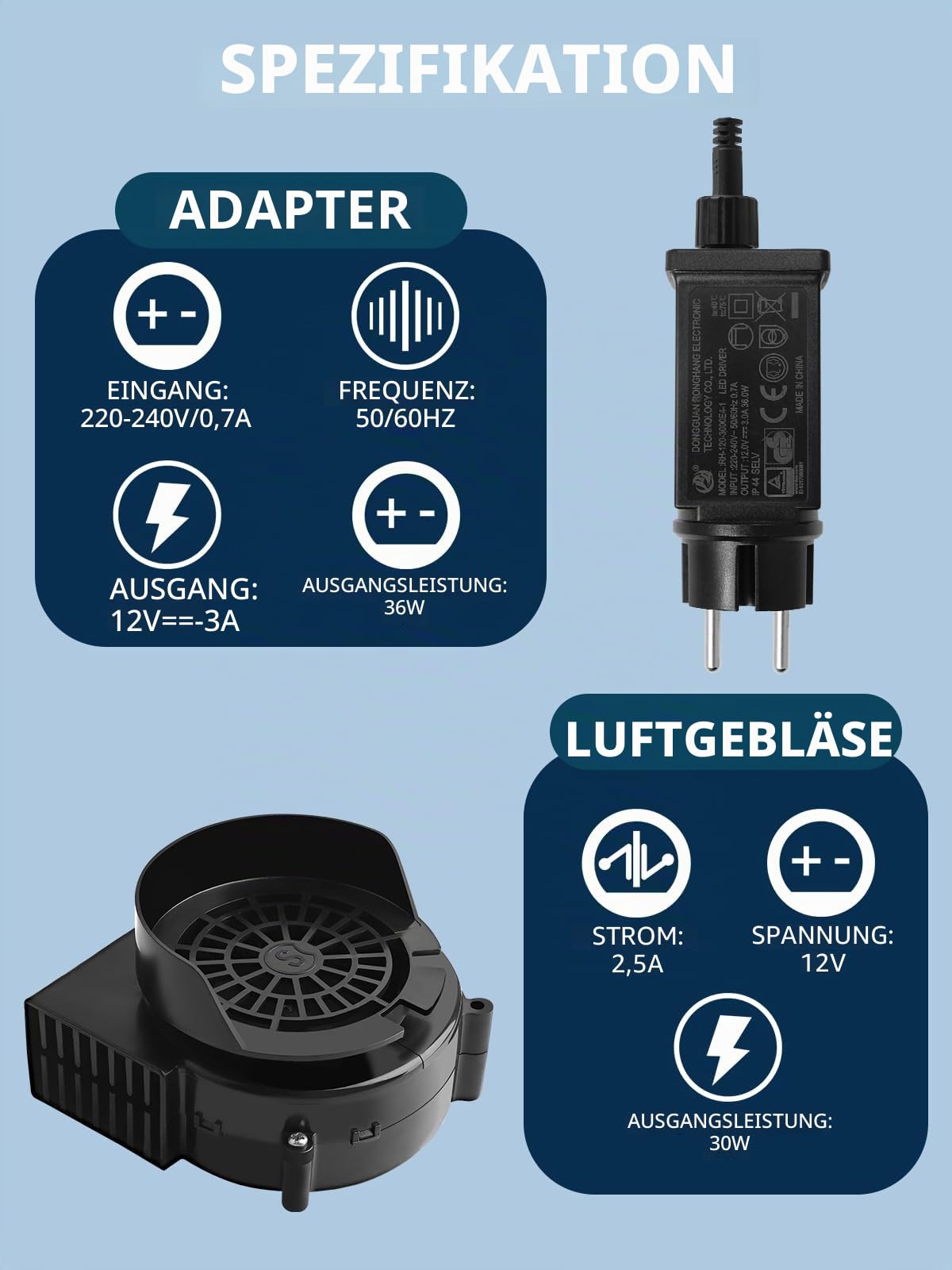 Suflantă de aer de schimb 2.5A cu adaptor și lumini LED albe pentru gonflabile – 2.5A