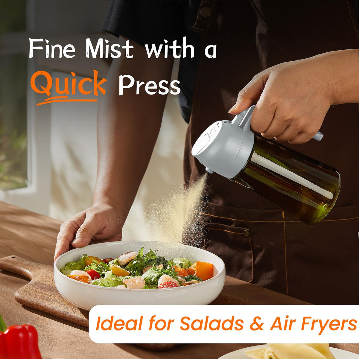 TrendPlain - 470ml Oil Spray Bottle - 2-in-1 Oil Dispenser and Oil Sprayer - Oil Spray with Labels - Kitchen Gadgets for Cooking, Salad, and Grilling - with Light-Proof Design - Black & Ash Gray