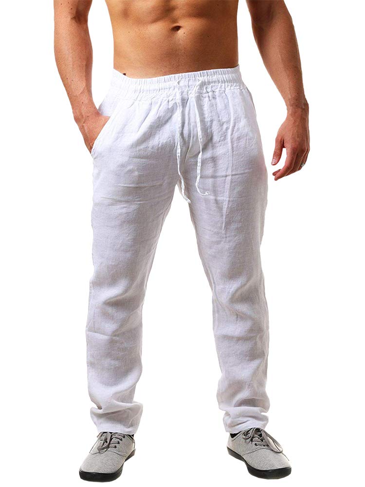 Pantaloni lejeri de vară din in pentru bărbați cu șnur – Alb 3XL
