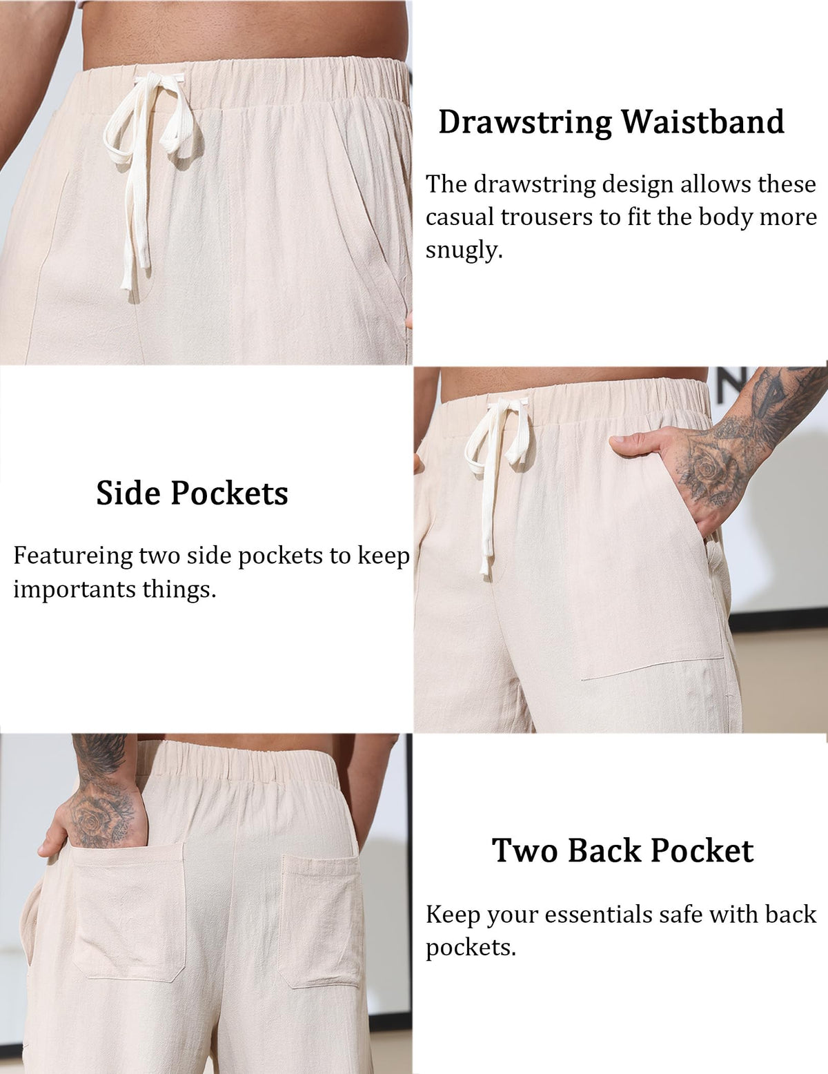 Pantaloni lejeri de vară din in pentru bărbați cu șnur și buzunare – Bej 4XL
