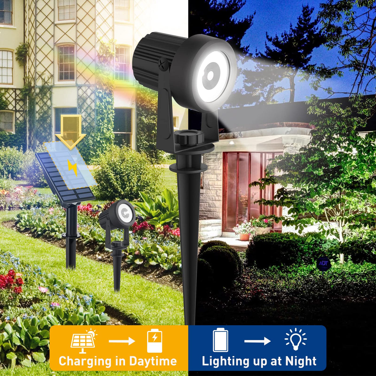 T-SUNUS Solar Garden Light, Garden Spotlight Solar Solar Spotlight for Outdoor Garden Auto On/Off IP65 Waterproof Solar Lamps for Outdoor 2 Brightness Modes Driveway Path Swimming Pool Cold White