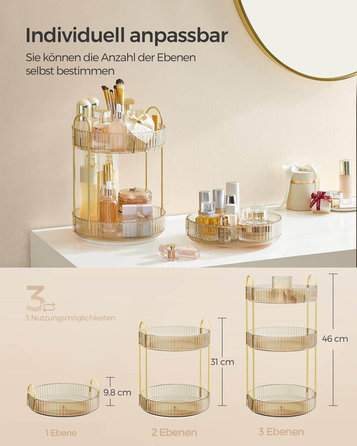 SONGMICS Rotating Makeup Organizer, Round Cosmetic Organizer, 3 Tiers, Adjustable Cosmetic Storage, for Dressing Table, Gift Idea, Champagne Gold JKA011A01