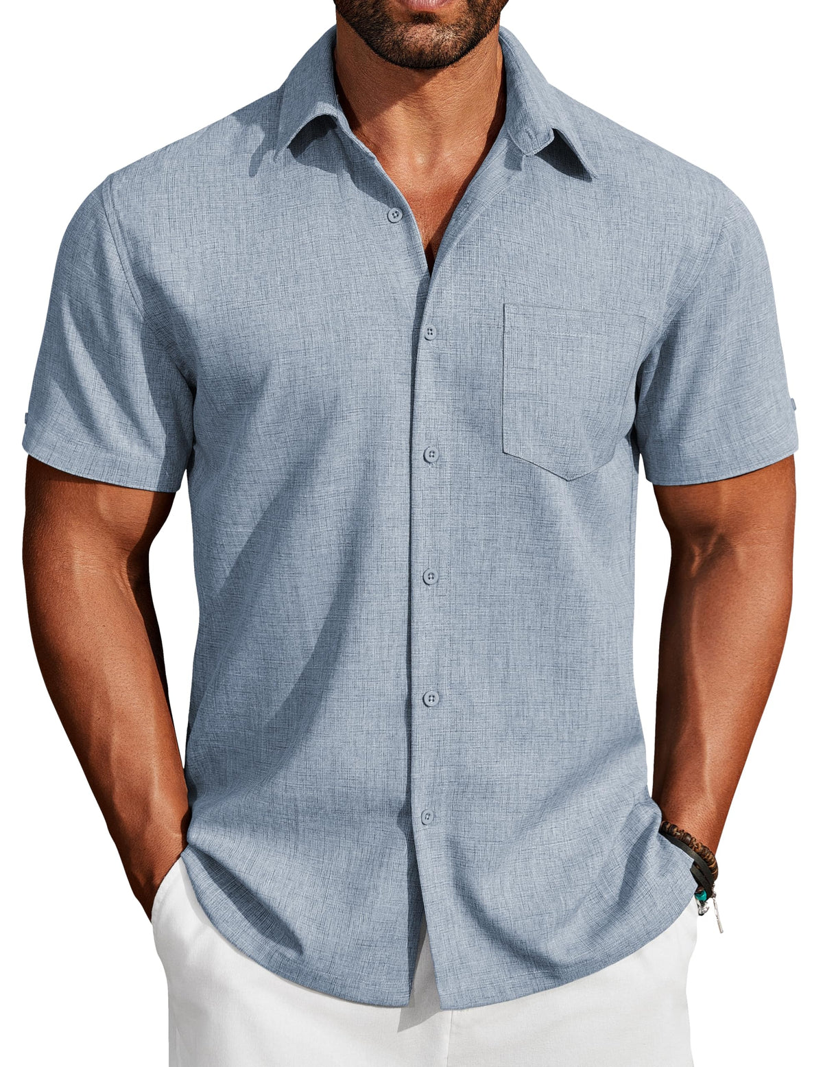 Men's Short Sleeve Non-Iron Summer Shirt Regular Fit Lightweight with Pocket – Dark Blue L