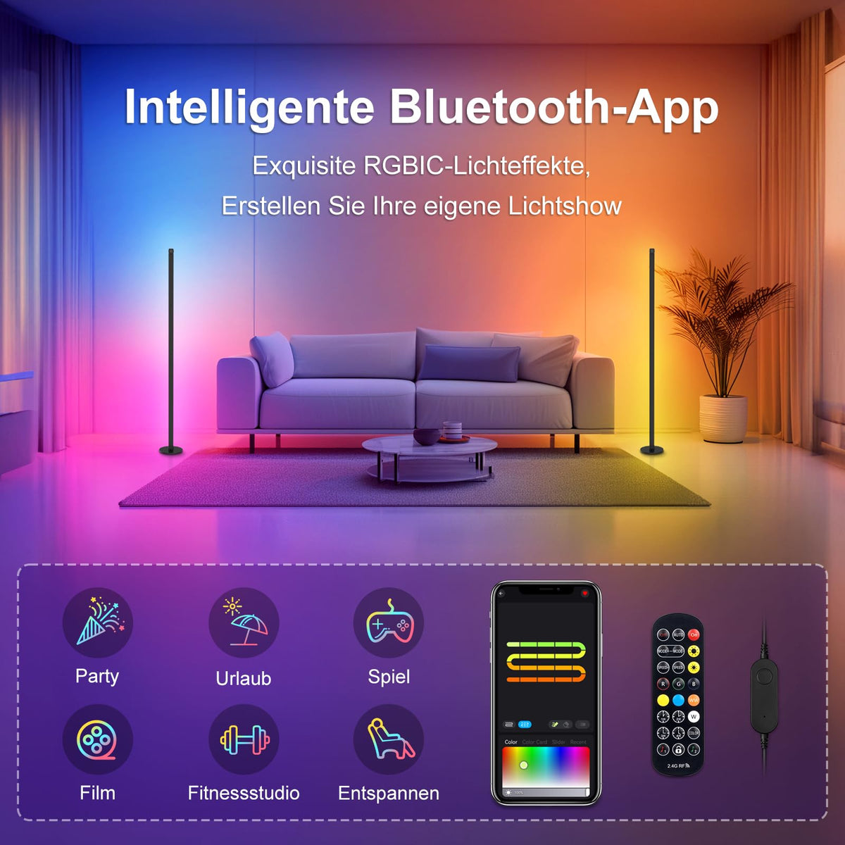 RGBIC LED Floor Lamp 140cm Detachable Dimmable 16M Colours App Control 180° Illumination – Black