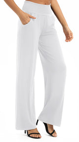 Pantaloni palazzo largi cu talie înaltă elastică EXCHIC – Alb S