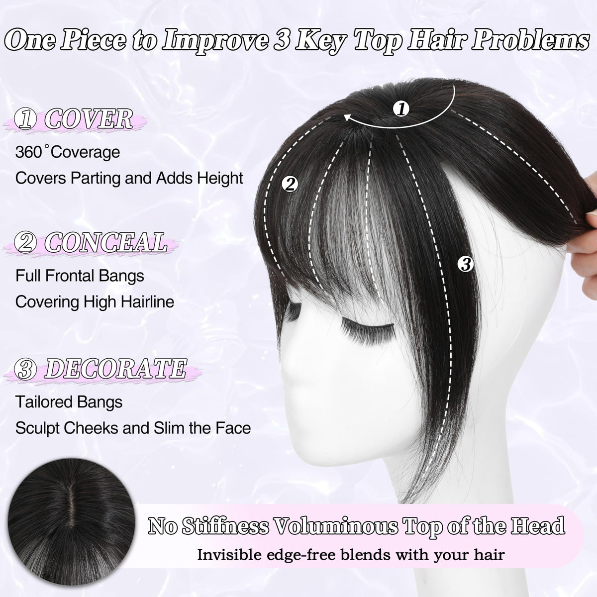 Hair Topper 360° 4x6in Real Human Hair Clip-In with Bangs Silk Base – 1B